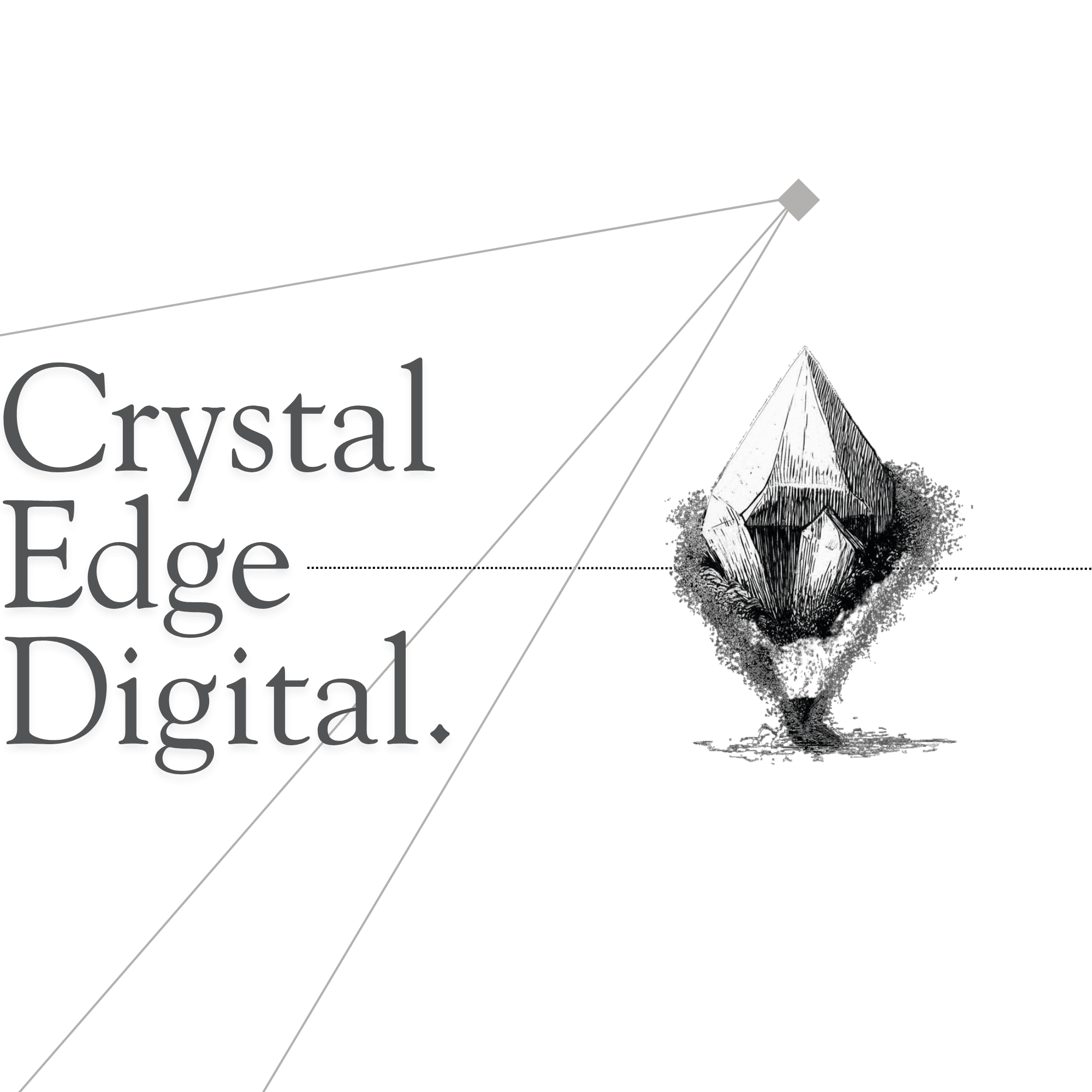 Crystal Edge Digital editorial wordmark with etched crystal illustration and fine directional lines